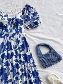 Vestido romántico de boda, estilo boho para playa y festivales de verano, con estampado de silueta de dos tonos, mangas abullonadas y volante en el bajo, color rosa y blanco - Azul y blanco - Ver 5