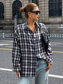 Camisa de manga larga con cuello vuelto, bordado de dibujos animados, estilo coreano casual, primavera/verano para mujer - Azul marino - Ver 5