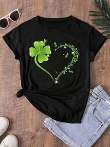 Camiseta de cuello redondo ajustada con estampado de trébol y patrón de corazones - Top de mujer para primavera/verano, sencillo y elegante. - Negro - Ver 2