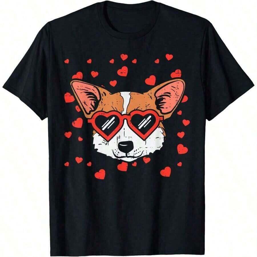 Women's Valentine's Day Heart Print Round Neck Short Sleeve T-Shirt, Thermal Clothing For Daily Wear, Soft Fabric, Stylish Crop Top, Graphic T-Shirt For Women. - 黑色 - 查看 1