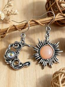 Bông tai phong cách Bohemian hình Mặt Trời và Mặt Trăng - Bông tai hình giọt nước đính pha lê bạc - Món quà trang sức Bohemian thời trang - Màu Bạc Cổ - Xem 4