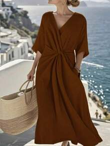 Holidaya Vestido largo con cuello en V, manga corta, cintura elástica y nudo retorcido, adecuado para primavera, verano, otoño e invierno, apropiado para ir al trabajo, uso diario, elegante, fiesta, playa, romántico, Día de San Valentín, graduación, moda, casual, negocios, oficina, versátil - Marrón - Ver 1
