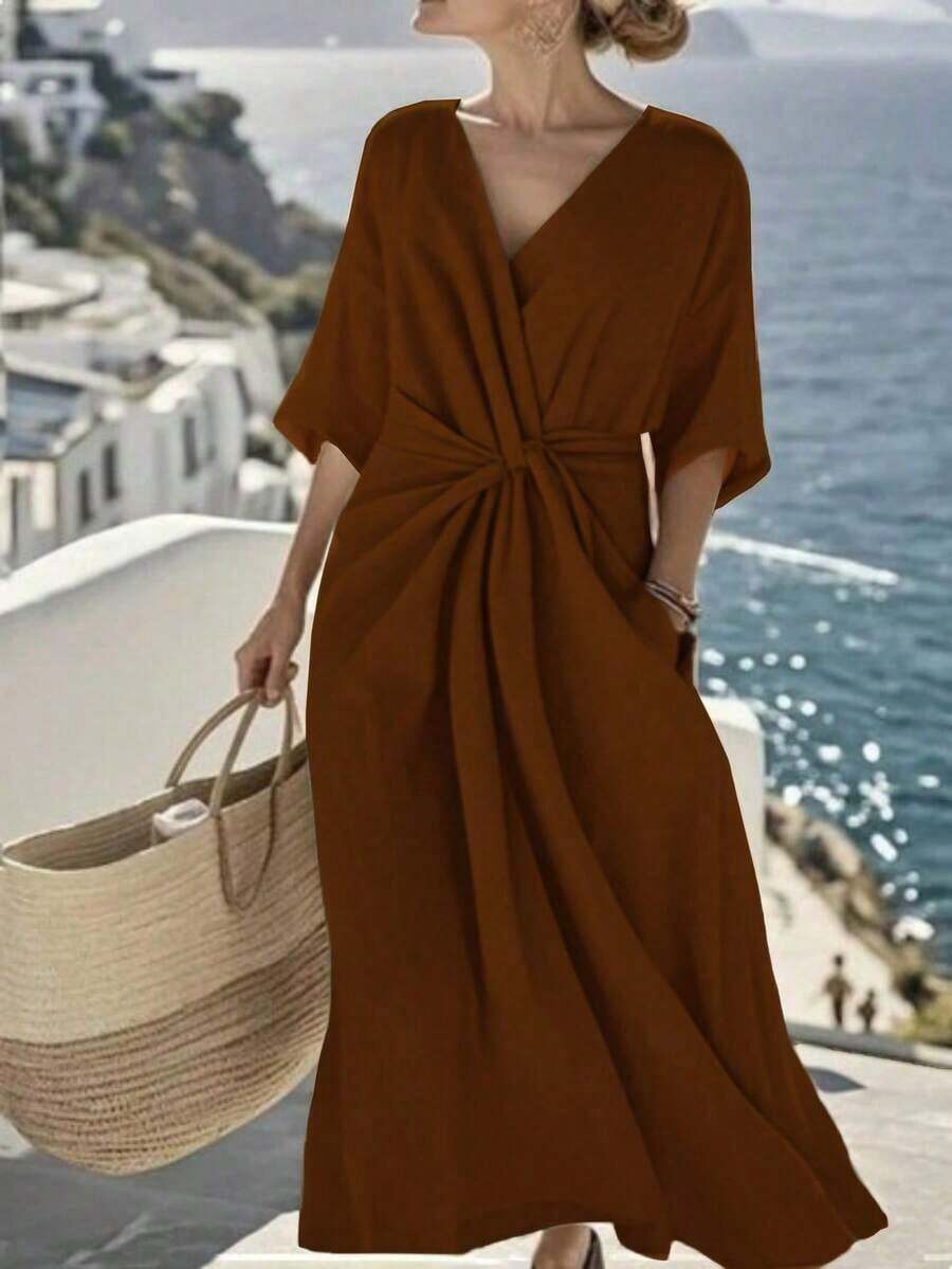 Holidaya Vestido largo con cuello en V, manga corta, cintura elástica y nudo retorcido, adecuado para primavera, verano, otoño e invierno, apropiado para ir al trabajo, uso diario, elegante, fiesta, playa, romántico, Día de San Valentín, graduación, moda, casual, negocios, oficina, versátil - Marrón - Ver 1