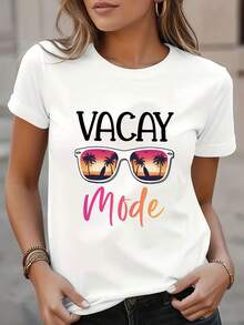 Camiseta casual de manga corta y cuello redondo para mujer, serie de vacaciones de verano, estampada, lavable a máquina, cómoda para el uso diario. - Blanco - Ver 2