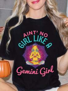 Women's Yoga T-Shirt With Gemini Design, Short Sleeve, Round Neck, Casual Style For Spring And Summer, Gift For Zodiac Lovers. Cotton Fabric, Machine Washable, Casual T-Shirt For Women, Suitable For Casual Occasions. Women's Blouses. - 黑色 - 查看 5