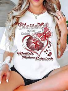 Camiseta de manga corta con diseño de corazón y lazo de mariposa para mujeres sobrevivientes de mieloma múltiple, cuello redondo, estilo casual para verano, regalo para sobrevivientes de cáncer y sus apoyadores. Tela de algodón, lavable a máquina, camiseta casual para mujer, adecuada para ocasiones informales. - Blanco - Ver 5