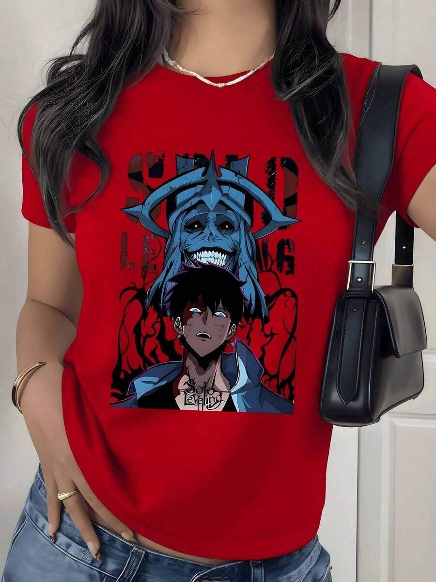 Dark Fantasy Skull Warrior Graphic Print T-Shirt, 180g, 1 Piece, Women's Casual Style, 100% Cotton, Streetwear - 紅色 - 查看 1