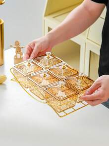 1 pieza Caja de almacenamiento de aperitivos con múltiples compartimentos y tapas transparentes, organizador de plástico ámbar PS para dulces, frutos secos con estante dorado para la cocina, mesa de comedor y barra de café - ámbar - Ver 5
