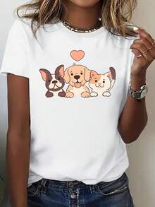 Nueva Camiseta Deportiva Casual de Moda para Mujer con Cuello Redondo, Cómoda para Todas las Estaciones, Fácil y Versátil, Corte Favorecedor, con Estampado de un Cachorro y Diseño de CorazónDaily Casual Round Neck Short Sleeve-Shirt Women - Blanco - Ver 7