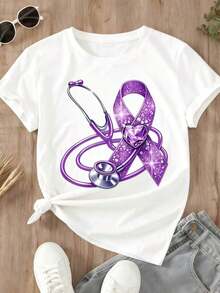 Women's T-Shirt With Purple Awareness Ribbon And Stethoscope Design For Casual Spring/Summer Wear - White - View 2