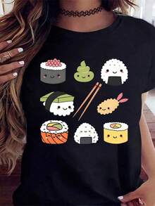 Women's Kawaii Sushi Design T-Shirt, Featuring Sushi Characters And Chopsticks, Fun Food-Themed Graphic, Perfect Casual Top For Japanese Food Lovers And Everyday Wear. - 黑色 - 查看 7