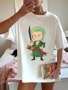 1 pieza de blusa para mujer, hermosas blusas para mujer, conjuntos de ropa para mujer, Zoro Anime, 180G, estampado de espada en blanco y negro de alta calidad, cuello redondo, corte holgado básico, transpirable, versátil, lavable a máquina, cómodo, talla S ~ 3XL, esencial para uso diario, casual y deportivo en verano. |   Diseño exquisito |   Suelto y cómodo |   Fácil de combinar | - Blanco - Ver 1
