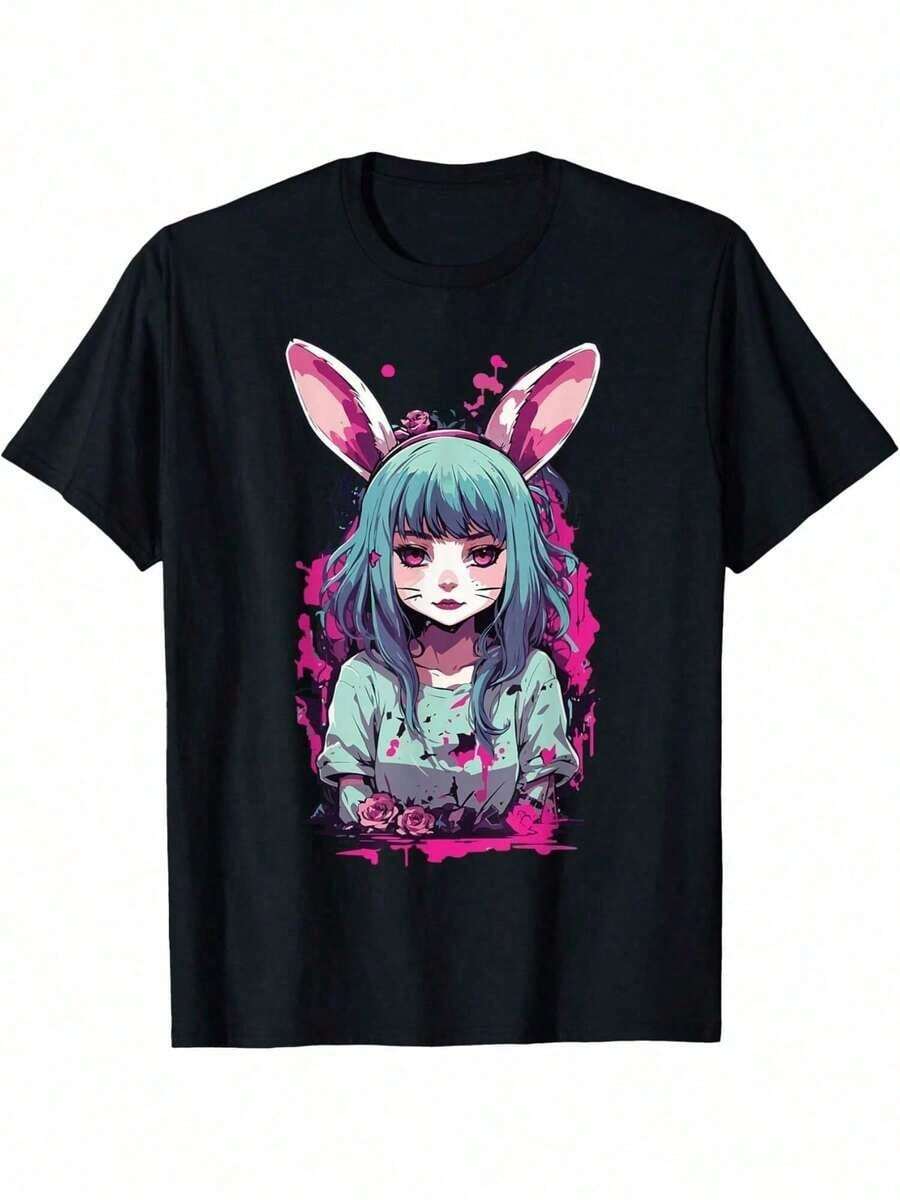 Anime Character T-Shirt, Cute Chibi Girl Holding A Fan, White Graphic Crew Neck T-Shirt For Women And Girls, Fashion Casual Top 220 | Exquisite Design | Loose And Comfortable | Easy To Match | - 黑色 4 - 查看 1