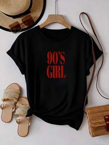 Women's Casual Black 90's Girl Graphic Tee, Short Sleeve Round Neck Drop Shoulder Knitted T-Shirt, Medium Stretch Regular Fit Top - Negro - Ver 2