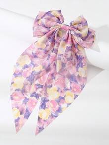 1pc Girls' Minimalist Sweet Floral Print Ribbon Bow Hair Clip, Orange/Purple/Blue, Versatile Spring/Summer Accessory - Multicolor - View 13