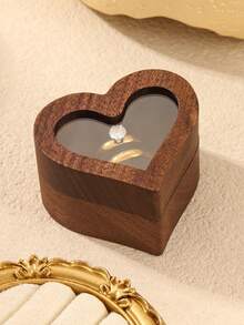 2pcs Stainless Steel Gold Color Rhinestone Inlaid Minimalist Couple Rings, Comes With Vintage Heart-Shaped Wooden Box - Yellow Gold - View 4