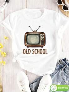 Camiseta de cuello redondo para mujer con estampado vintage, camisa de manga corta con eslogan estético y divertido, top casual de cuello redondo y cómodo, lavable a máquina para uso diario. Blusas para Mujer Casual. - Blanco - Ver 5