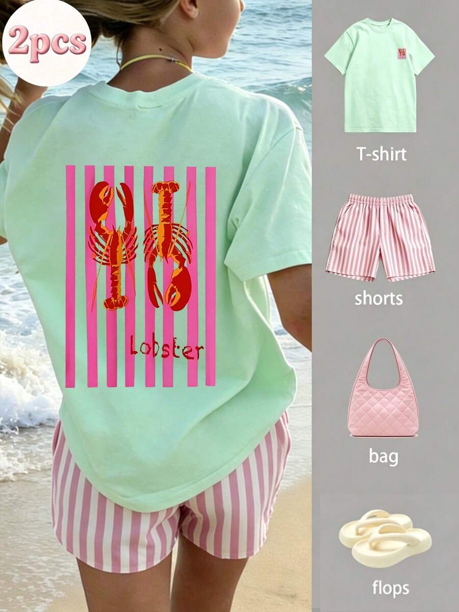 Bộ đồ hè 2 món cho bé gái tuổi teen - Áo thun ngắn tay phối cùng quần short kẻ sọc, phong cách thời trang/Y2K/streetwear, bộ áo và quần mang hơi hướng nghệ thuật. - Màu xanh Bạc hà - Xem 1