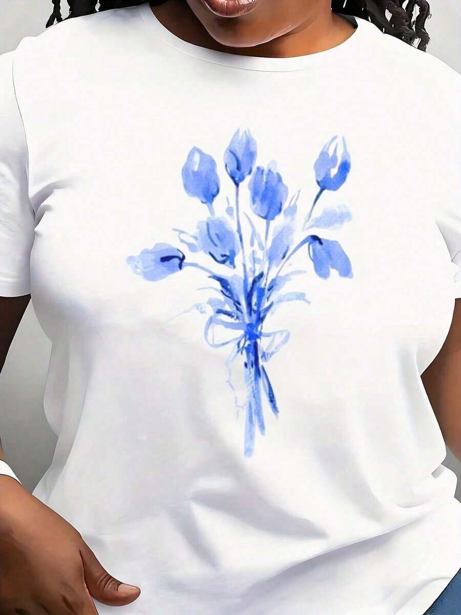Camiseta Moderna Minimalista con Diseño Botánico, Camiseta con Ramo de Tulipanes, Camiseta Floral, Camiseta Estilo Holandés Delft con Jardín de Tulipanes, Camiseta con Flores, Regalo de Tulipanes para Uso Casual Diario - Blanco - Ver 1
