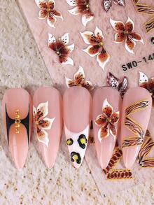 SWEET TREND 5D Brown Hibiscus Nail Stickers 2pcs Y2K Gradient Flower Petal Leopard Print Chain Line French Design DIY Autumn Winter Gothic Floral Print Retro Fashion Self-Adhesive Gel Polish Salon Manicure Tips Decal Slider Nail Art Decoration Nail Supplies - Multicolor - View 8
