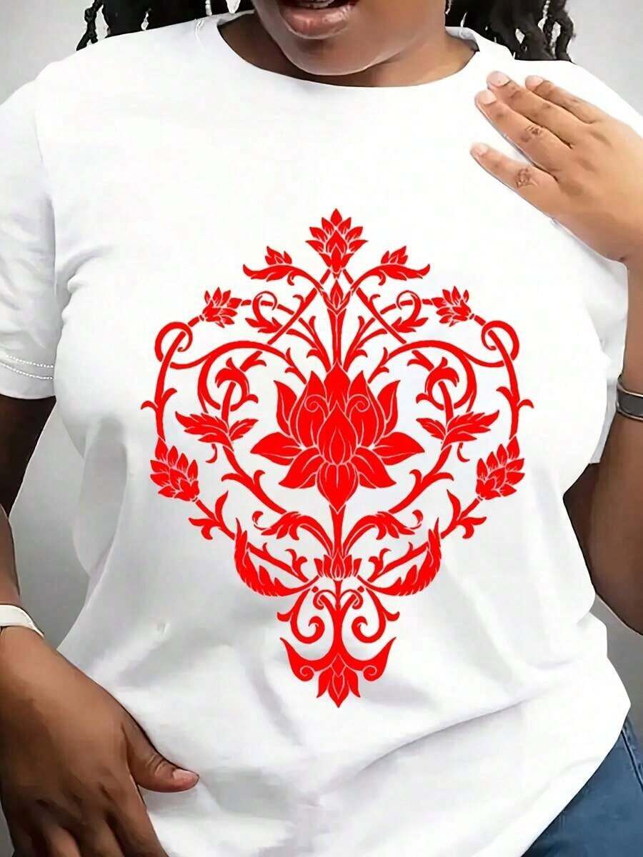 Camiseta Moderna Minimalista con Estampado Floral de Loto para Mujer, Diseño de Flores Bella, Fluida, Relajada, Ligera, Casual para el Día a Día - Blanco - Ver 1