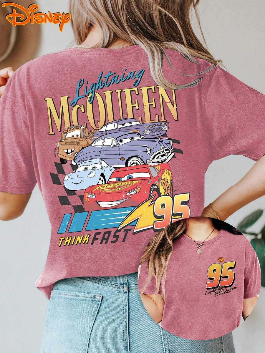 Authentic Women's Disney Short-Sleeve T-Shirt, Cool Vintage Cars "Cars" McQueen No. 95 Racing Double-Sided Print, Round Neck Summer Tee, Suitable For Spring, Summer, And Fall, Disney Trip, Stylish Casual Everyday Commute Vacation Versatile Vintage - Màu đỏ gạch - Xem 1