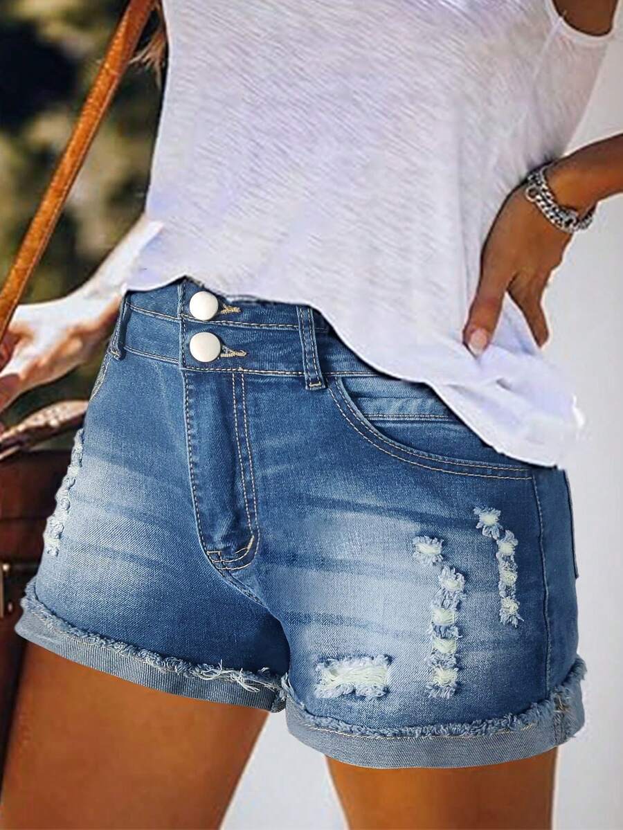 Women's Casual Denim Shorts, Button Front, Straight Leg, Medium Stretch Denim Shorts - Blue - View 1