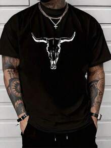 Cráneo de toro con cuernos largos que simboliza fuerza perseverancia y espíritu indomable inspirado en la cultura del oeste y la vida salvaje ideal para quienes buscan expresar carácter único en cada paso camiseta de hombre 100% algodón 220g - Negro - Ver 6