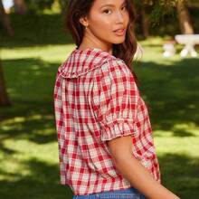 Camisa abotonada con cuello de volantes, mangas cortas de pétalo y bordado floral en estilo campestre country - Rojo - Ver 6