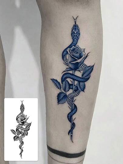 1 מדבקת קעקוע זמנית עם צמחים, וינטג' בצורת נחש עטוף ורד אנכי עם פרחוני וכהה, ניתן לכביסה, PVC, חד פעמי, עמיד למים וזיעה, לזרועות, מותניים, בטן, גב, רגליים, ללא השתקפות, קעקוע ריאליסטי, מתאים לאנשים, לשימוש יומיומי, מחזיק מעמד 7-14 ימים