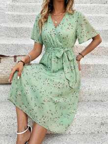 Vestido casual de vacaciones con estampado de plantas y manga corta para mujer - Gris - Ver 4
