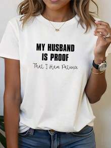 ComfortableCamiseta con estampado de letras "MI ESPOSO ES LA PRUEBA DE QUE TENGO PACIENCIA", manga corta, cuello redondo, top casual para verano y primavera, ropa de mujerFashion All-match Women's Short Sleeve T-shirt, Basic Style for Inner & Outer Wear - Blanco - Ver 6
