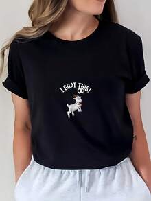 Camiseta de algodón 100% para mujer "¡Lo Hice, Cabra!" - Camiseta suave de manga corta y cuello redondo de 180g con estampado de cabra, regalo informal, adecuada para actividades de team building, eventos de verano y uso diario, ropa con temática de cabras lavable a máquina. - Negro - Ver 1