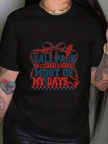 Camiseta de mujer: Paso la mayor parte de mi tiempo en el estadio de béisbol. Camiseta con estampado, top casual de manga corta y cuello redondo, tops de primavera/verano para mujer. - Negro - Ver 12