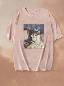 Nueva Llegada de Verano: Camiseta Casual de Manga Corta con Estampado de Gato y Perlas, Cuello Redondo, Estilo Tie-Dye, Blusa Versátil y Elegante para Mujer, Color Negro - Blanco - Ver 4