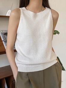 Camiseta de punto de cuello redondo, chaleco de ropa de otoño - Blanco - Ver 1