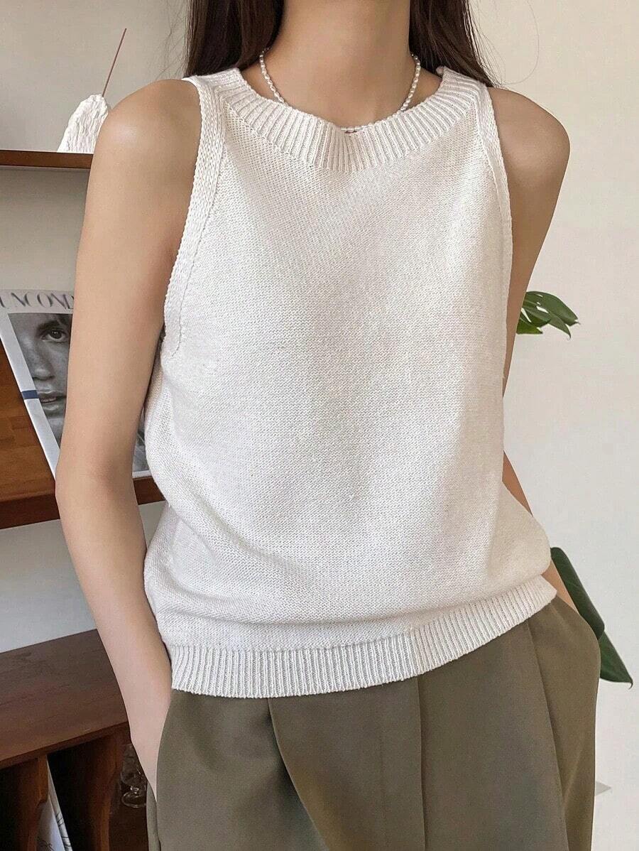 Camiseta de punto de cuello redondo, chaleco de ropa de otoño - Blanco - Ver 1