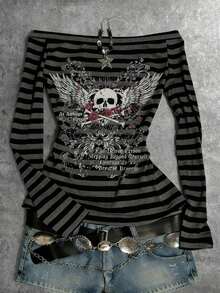 Estilo recomendado de gran , camiseta de manga larga con cuello de una línea y estampado de letras de Nueva York Brooklyn en estilo retro americano para mujer, adecuada para compras diarias, citas y uso escolar, estilo delgado y ajustado de chica - Multicolor 2 - Ver 1