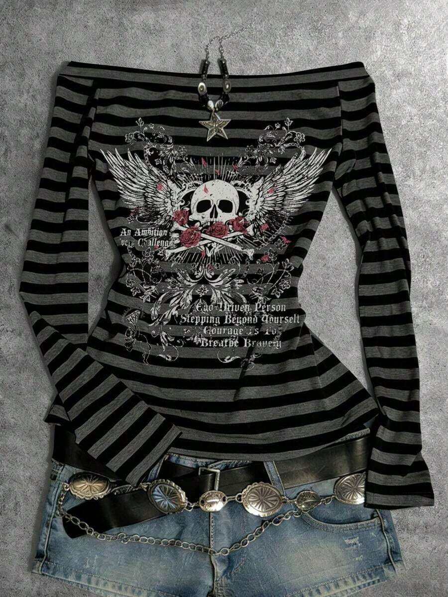 Estilo recomendado de gran , camiseta de manga larga con cuello de una línea y estampado de letras de Nueva York Brooklyn en estilo retro americano para mujer, adecuada para compras diarias, citas y uso escolar, estilo delgado y ajustado de chica - Multicolor 2 - Ver 1