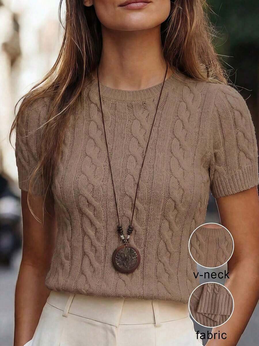 Suéter con cuello redondo y decoración trenzada con cuerda, inspirado en de blogueros, diseño de moda versátil, otoño/invierno - Camel - Ver 1
