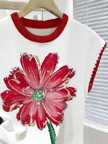 Camiseta casual de mujer con cuello redondo, ribete de contraste y estampado floral - Multicolor 5 - Ver 4