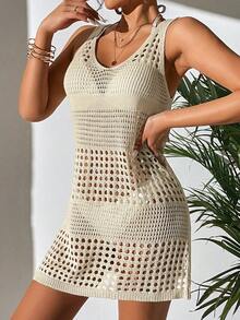 de punto sin mangas de unicolor tejido a ganchillo, hueco, informal, para vacaciones, para mujer - Albaricoque - Ver 7