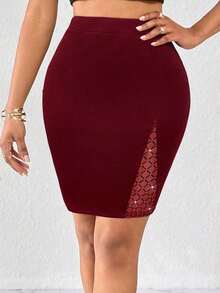 Lady Falda elegante de línea A con parches de malla decorados con diamante de imitación de unicolor para mujer - Burdeos - Ver 3
