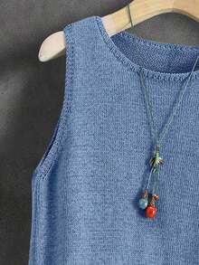 Chaleco de punto de unicolor para mujer, estilo japonés retro para capas, corto y casual para verano y vacaciones, versátil, adecuado para primavera, verano, principios de otoño, ir al trabajo, minimalista retro, festival de música colorido, escuela, top sin mangas - Azul - Ver 5