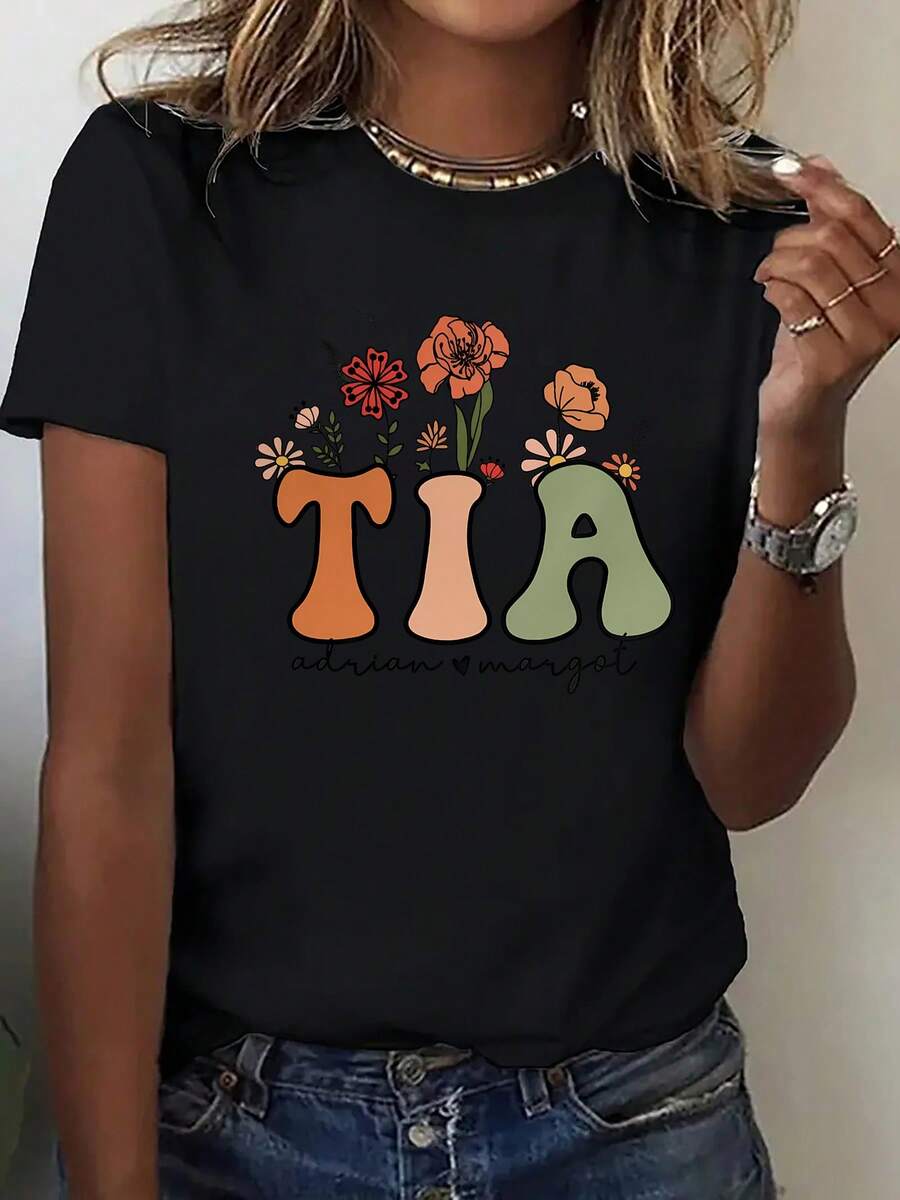 Camiseta deportiva casual de moda para mujer, con dise￱o de arte de dibujos animados de "Abuela", "Abuela querida", "YAYA", "Flores pastorales bonitas", "TIA", anuncio de embarazo, deporte con patr￳n de letras inglesas impresas, favorita de la gente, para embarazo temprano