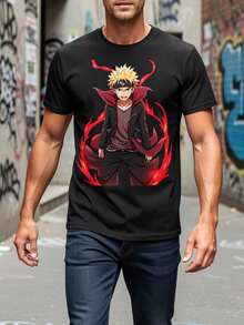 Camiseta de manga corta con cuello redondo, estampada por un solo lado, de algodón para todas las estaciones, con diseño de chico anime con llamas. - Negro - Ver 1