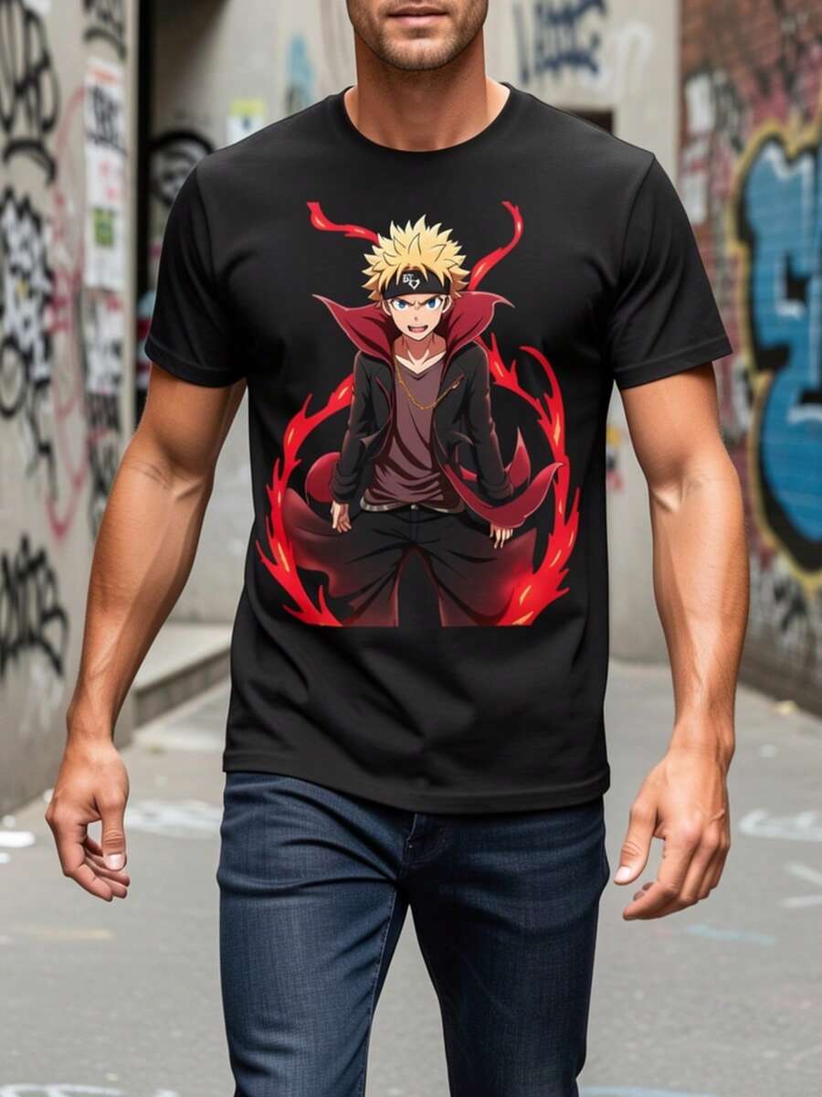 Camiseta de manga corta con cuello redondo, estampada por un solo lado, de algodón para todas las estaciones, con diseño de chico anime con llamas. - Negro - Ver 1