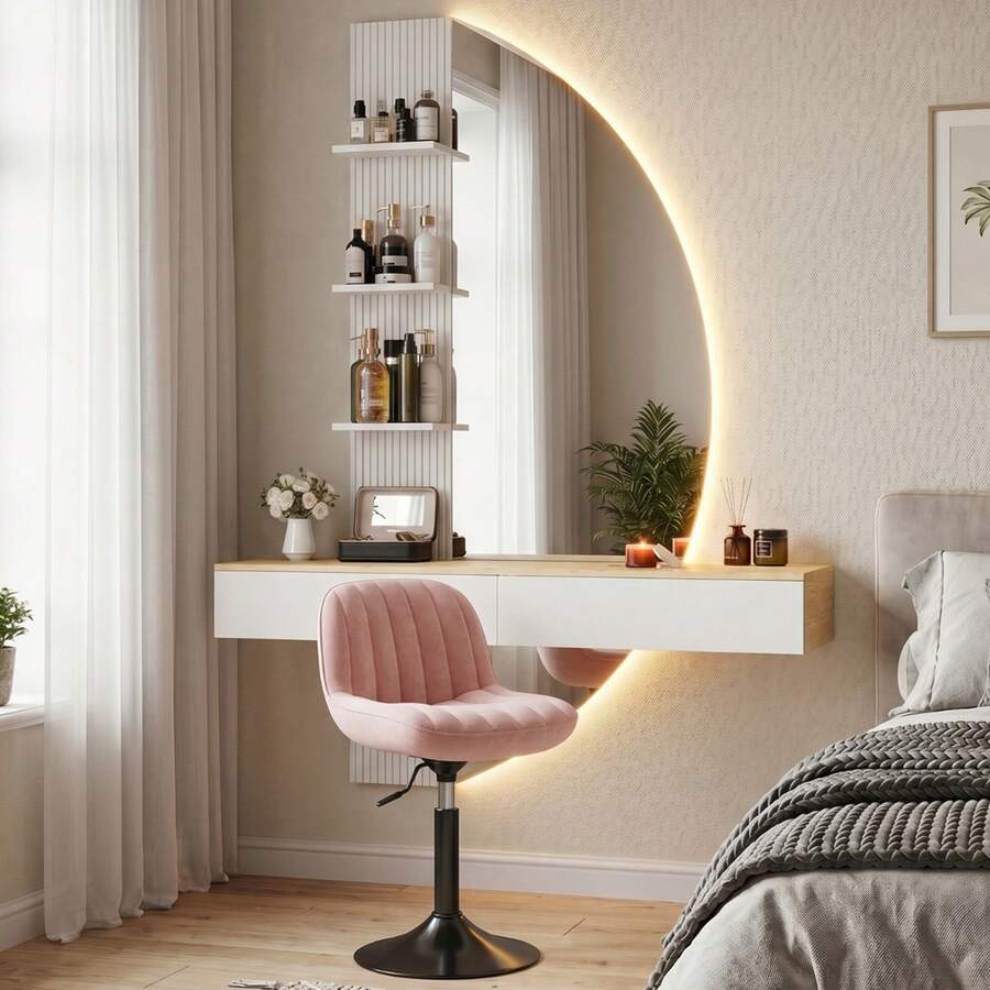 Devoko Black Wall-Mounted Vanity Table With LED Mirror, Makeup Table With 4 Open Shelves And 2 Drawers, 3 Dimmable Light Colors, Suitable For Bedroom, Wardrobe, Hallway And Living Room, 106 X 143 Cm, With Pink Velvet Stool - 查看 1