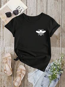Camiseta casual holgada de verano con estampado de abeja de dibujos animados - Negro - Ver 1