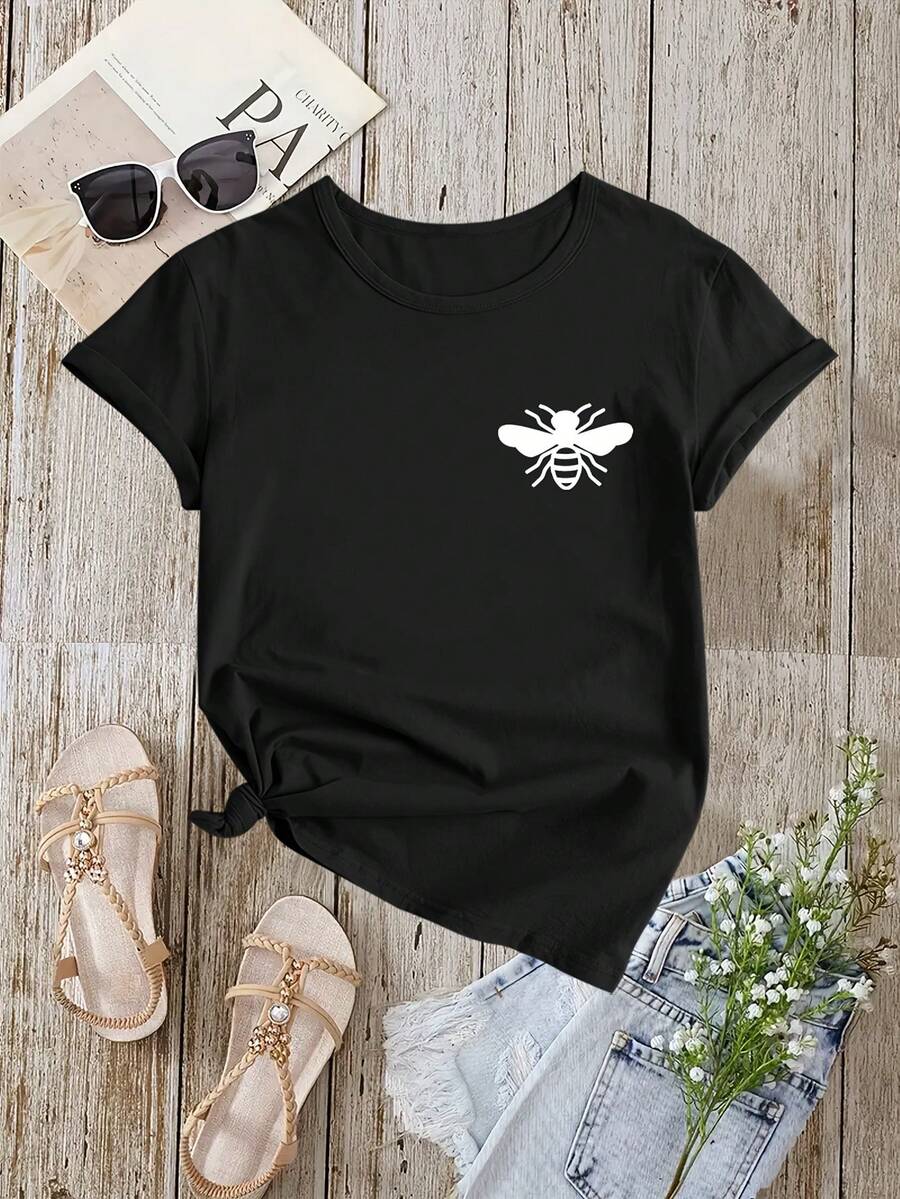 Camiseta casual holgada de verano con estampado de abeja de dibujos animados - Negro - Ver 1
